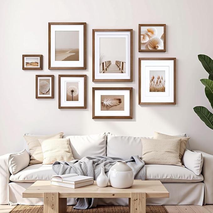 Egofine 4x6 Picture Frames Set of 4, Made of Solid Wood Covered by Plexiglass 3x4.5 and 3.5x5 with Mat or 4x6 without Mat, for Table Top Display and Wall Mounting Photo Frame,Walnut Brown