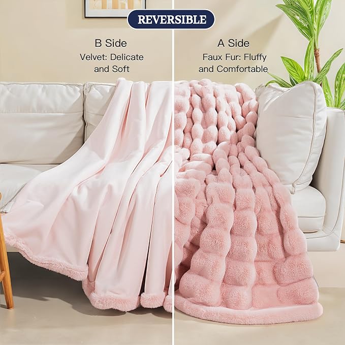 NEXHOME PRO Faux Fur Throw Blanket Pink, Luxury Soft Decorative Cozy Plush Long Shaggy Fluffy Blanket for Sofa Couch Bed Living Room, Reversible Puffy Thick Warm Blanket for Winter, 50"X60"