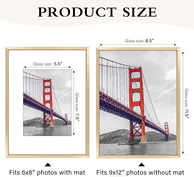 Frametory 9x12 Gold Aluminum Metal Picture Frame Mat for 6x8 Glass