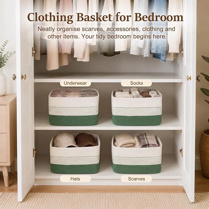 OIASKET 4 Pack Storage Baskets for Organizing, 13"X9"X7.87", Decorative Cotton Rope Baskets for Shelves, Small Woven Basket for Toys, Books and Towels, Green & White