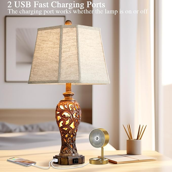 25'' Set of 2 Rustic Table Lamps for Living Room with USB C+A