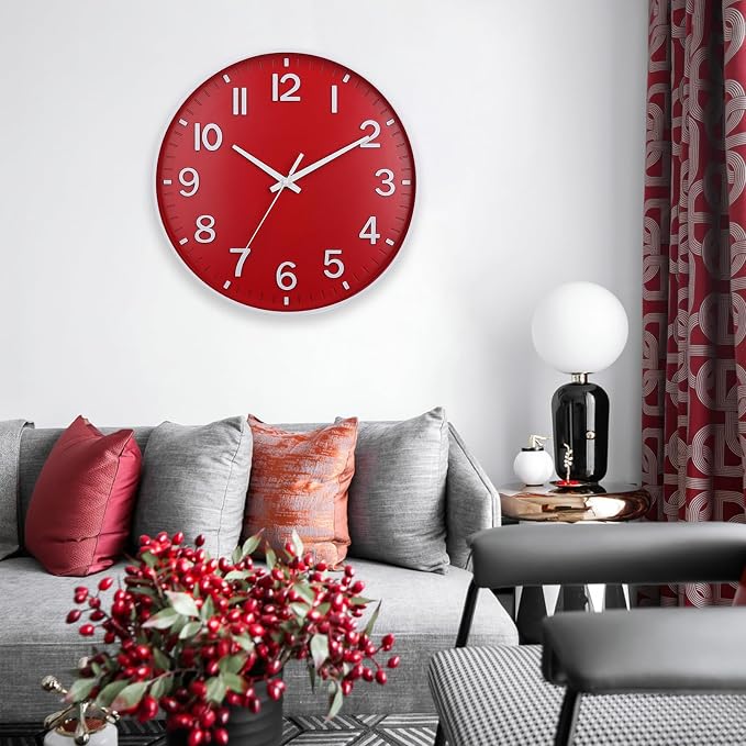 HZDHCLH 12 Inch Silent Wall Clock Battery Operated Non Ticking Red | 12 inch Silent Non Ticking Modern Christmas Wall Clock for Living Room Bedroom Kitchen Office Classroom Decor