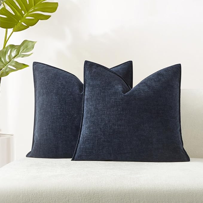 JUSPURBET 22x22 Chenille Decorative Throw Pillow Covers Set of 2,Navy Blue | Cozy Soft Cushion Covers Case with Hidden Zipper for Couch Sofa Bed Home Decor Living Room