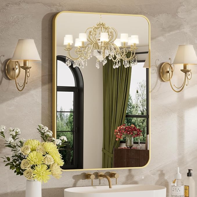 22"x30" Bathroom Mirror for Over Sink, Brushed Gold Rectangle Vanity Mirror | Aluminum Alloy Frame, Clear Reflection, Rust-Resistant, Vertical or Horizontal, Wall Mount, Bedroom and Entryway