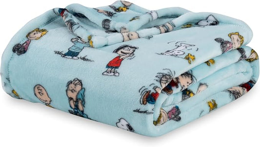 Berkshire Blanket Peanuts® VelvetLoft® Cute Character Snoopy Plush Oversized Throw Blanket, Snoopy Play with Peanuts Gang Light Aqua (50in x 60in)