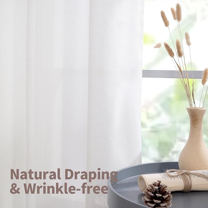 YoungsTex 72 Inch Length White Linen Semi Sheer Curtains for Living Room, Light Filtering Textured Drapes with Grommet Lightweight for Bedroom Dining Room, 2 Panels, 52 X 72 Inch