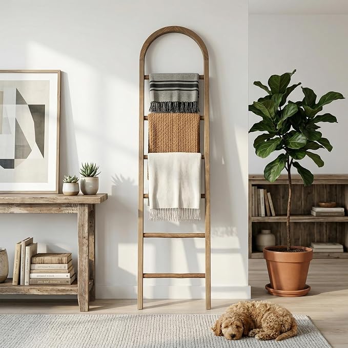 Wooden Blanket Ladder - Natural & Motley Wood - Leaning Wall Decor for Bedroom, Bathroom, Living Room - Rustic Quilt Holder & Towel Rack (Natural Wood Color-Curved, 76in（6-Tier）)