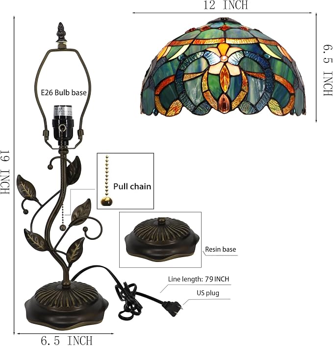 Tiffany Table Lamp Stained Glass Bedside Reading Light W12H19 inch