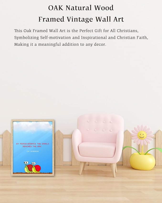 KensTro 12x16 Oak Framed Spurgeon Perseverance Snail Wall Art | Natural Oak Wood Frame with C.H. Spurgeon Quote, Cartoon Snails and Blue Sky for Bedroom, Office, Hallway or Study