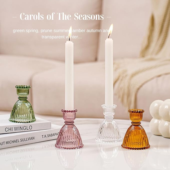 Candle Stick Candle Holders, 2024 Mixed 4pcs Candle Holder for Taper Candles, Carols of The Seasons 4colors Glass Candle Holders for Table Centerpiece and Shelves