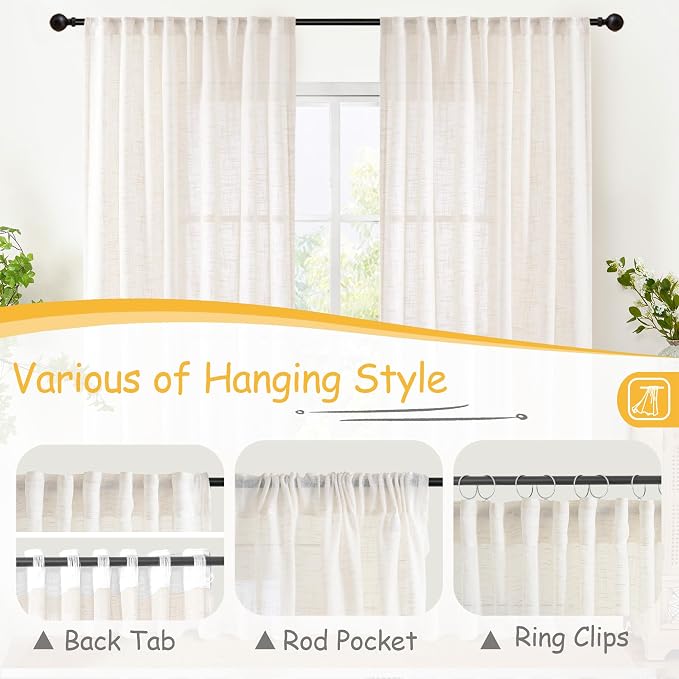 YoungsTex Natural Linen Curtains 68 Inches Long - Light Filtering Drapes Semi Sheer with Rod Pocket Back Tab Rustic for Bedroom Living Room Window, 2 Panels, 52 X 68 Inch