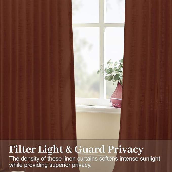 102 Inch Linen Pinch Pleated Sheer Linen Blend Curtains for Living Room | Light Filtering, Bedroom, Semi Sheer, Pinch Pleat, Linen Blend, Hook Rings, High Ceiling Curtains, Chestnut Brown, 2 Panels