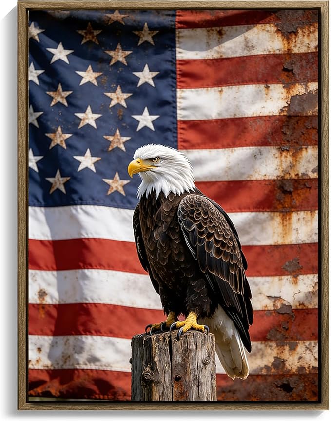 American Flag Framed Canvas Wall Art, 4th of July Patriotic Canvas Prints | USA Flag with Bald Eagle Poster Print, Vintage Independence Day Wall Decor for Bedroom Living Room 16×20in