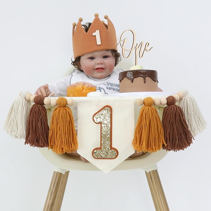 Baby Boy First Birthday Party Decorations Brown High Chair Banner 1st Crown Cake Topper 1st Birthday Decor