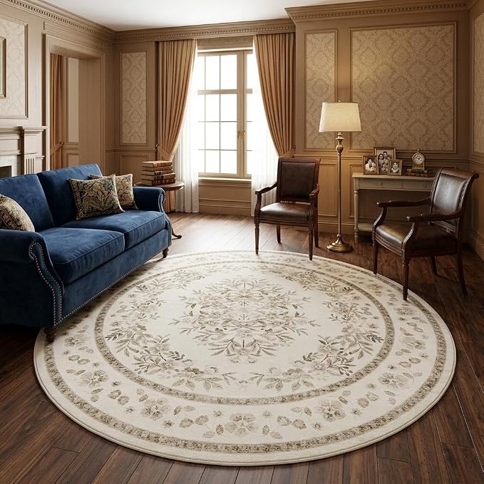 GarveeHome 4ft Round Rug for Nursery Vintage Floral Floor Carpets | Leaf Flower Bordered Throw Rugs for Living Room Machine Washable Non-Slip Brown Botanical Area Rug for Bedroom Dining Room