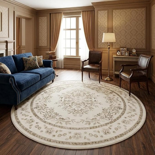 GarveeHome 5ft Floral Round Rug for Nursery Vintage Floral Throw Rugs | Leaf Flower Botanical Bedroom Carpet for Living Room Low Pile Non-Slip Machine Washable Beige Area Rug for Laundry Dining