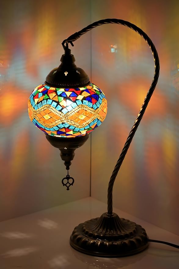 GOGERS Swan Neck Turkish Moroccan Lamp Handmade Stained Mosaic Glass Vintage Lamp Shade Bohemian Tiffany Style Bedside Night Lamp Lighting for Bedroom Living Room (Colorful)