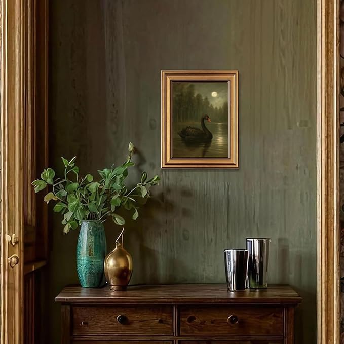 Vintage Gold Framed Wall Art Moonlit Black Swan Lake Wall Decor Picture Dark Academia Gothic Moody Poster Romantic Aesthetic Rustic Antique Print for Gallery Living Room Bedroom Home Decoration 9x11in