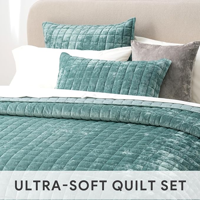 RECYCO Channel Box Stitch Velvet Quilt Set, Twin/Twin XL Size, Aqua Green | Ultra Soft Lightweight Velvet Comforter, Luxury Oversized Bedspread Coverlet, Quilted Bedding Set for All Season with 1 Sham