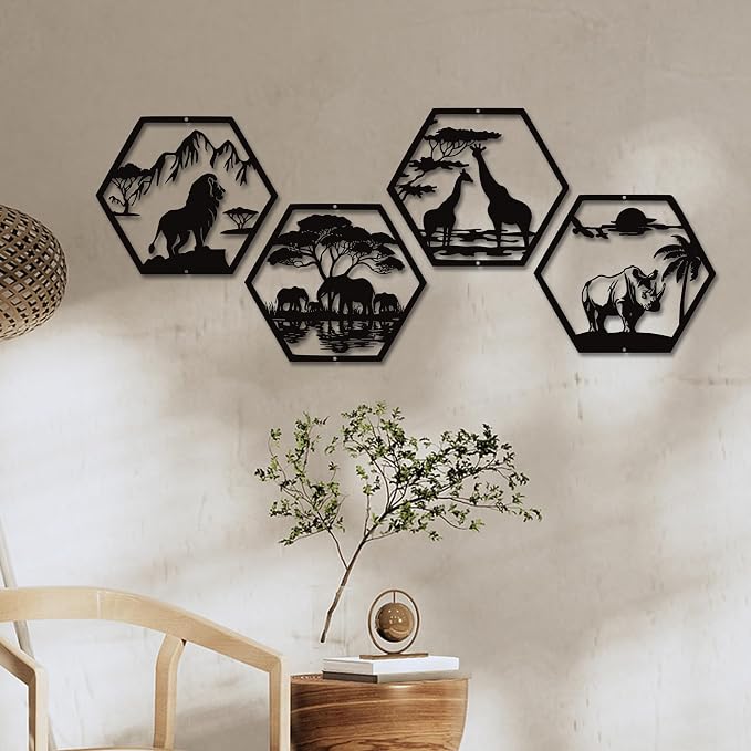 Xedatric African Safari Metal Wall Art 4-Piece Lion Elephant Giraffe Rhino | Matte black finish, rust-resistant, ideal for home or office, wildlife decor.