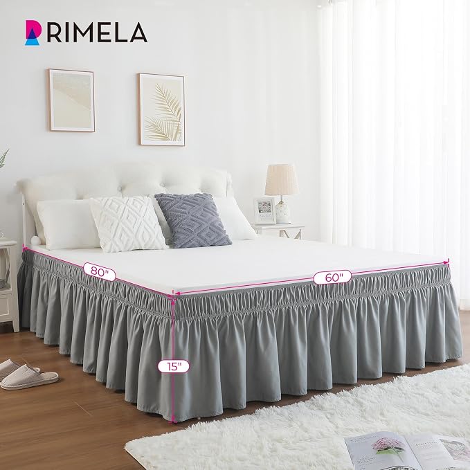 Grey Bed Skirt Full Size 15 Inch Drop, Elastic Wrap Around Bedskirt | Solid Ruffled, Easy to Use, No Mattress Lifting, Wrinkle & Fade Resistant, with Adhesive Strips, Machine Wash/Dry/Iron
