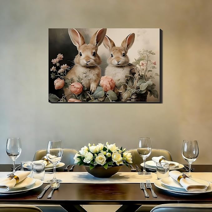 RIBNTAK Large Vintage Bunny Canvas Wall Art 20x30, Framed Cozy Spring Prints Pictures, Easter Rabbit Canvas Artwork for Bedroom, Living Room, Office, Cute Farmhouse Home Wall Decor