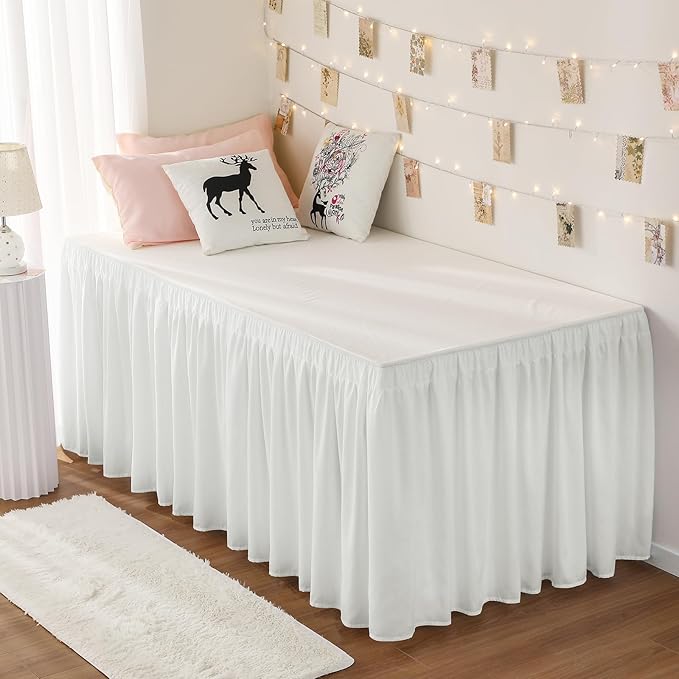 Dorm Bed Skirt Twin XL 46" Drop, College Dorm Essentials, Warm White | Solid ruffled, Wrap-around/elastic, Wrinkle & Fade resistant, with Adhesive Strips, Gift Packed, Machine Wash/Tumble Dry/Iron