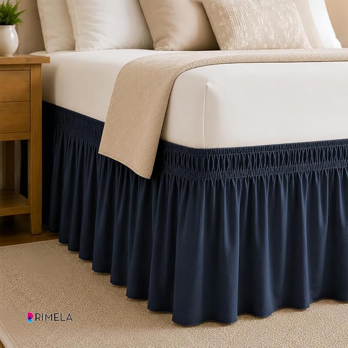 Navy Blue Bed Skirt Queen Size 15" Drop, Elastic Wrap Around Bedskirt | Solid Ruffled, Easy to Use, No Mattress Lifting, Wrinkle & Fade Resistant, with Adhesive Strips, Machine Wash/Dry/Iron