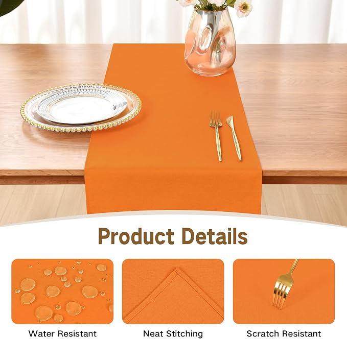 Faux Linen Table Runner Water Resistant 13 x 72 in, Orange | Farmhouse Rustic Table Runners, Coffee Table Runner, Dresser Runners for Bedroom, Living Room, Kitchen, Dining, Party