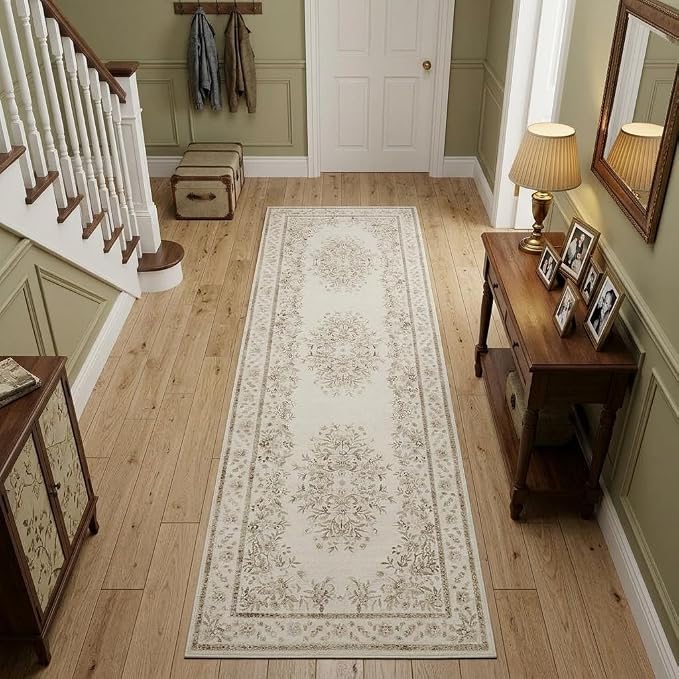 GarveeHome Runner Rug 2x10 for Bathroom Vintage Distressed Botanical Rug | Machine Washable Leaf and Flower Throw Floor Cover for Entryway Non-Slip Low Pile Beige Carpets Floral Rug for Kitchen