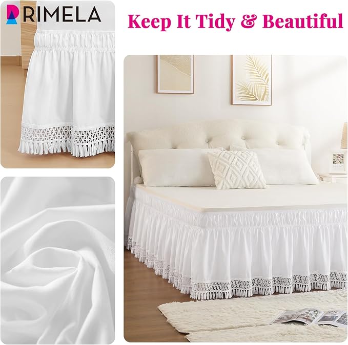 Tassel Trim Bed Skirt Queen 15" Drop, Elastic Wrap Around Bedskirt | Solid Ruffled, Easy to Use, No Mattress Lifting, Wrinkle & Fade Resistant, with Adhesive Strips, Machine Wash/Dry/Iron