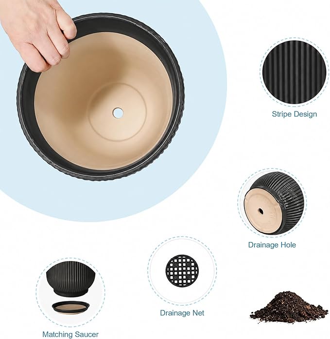 Deep Dream 8 Inch Ceramic Pots for Plants, Heavy Plant Pot for Indoor Outdoor Plants, Large Plant Pot with Drainage Hole and Saucer, Modern Tall Flower Pot, Gifts for Plant Lovers, Black