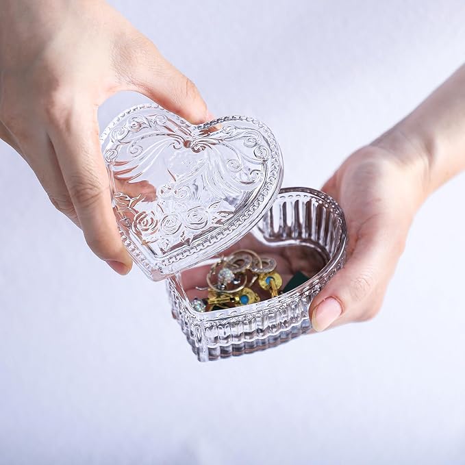Gaolinci Crystal Glass Heart-Shaped Storage Box Embossed Jewelry Box Candy Box with Lid
