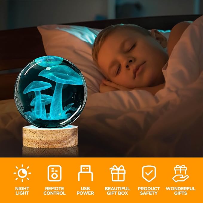 Mushroom Crystal Ball Night Light - 3.15 inch Glass Ball Lamp with 16 Color Changing Wooden Base and Remote - Ideal Gifts for Friends, Kids, Christmas, Birthday - Cute Mushroom Decor