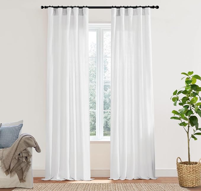 XTMYI 86 Inch Long White Linen Curtains, Semi Sheer Light Filtering Drapes for Bedroom Living Room 2 Panels Set