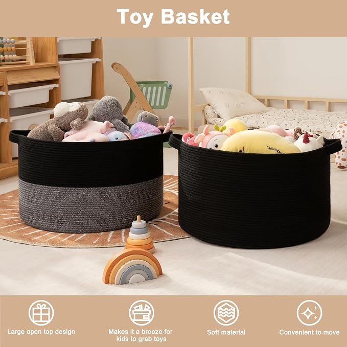 OIAHOMY 90L XXXLarge Blanket Basket for Living Room, 21.7" x 13.8" Woven Cotton Rope Laundry Basket for Organizing Pillows, Decorative Stuffed Animal Toy Storage for Nursery, Black and Grey