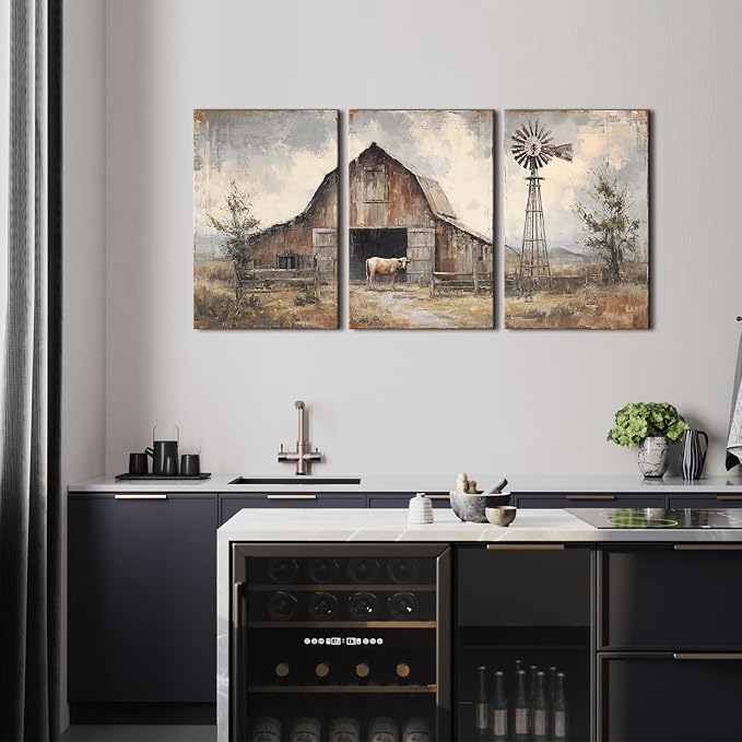 Vintage Farmhouse Wall Art Old Barn Canvas Painting Prints for Kitchen Windmill Barn Pictures Framed Paintings Landscape Countryside Posters Wall Decor for Bedroom Office Home Decorations 16x24