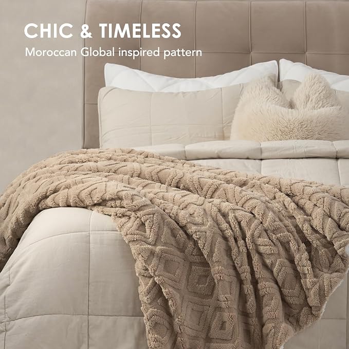 EverGrace Jacquard Reversible Sherpa Throw Blanket, 50" x 60", Khaki Tan | Jacquard Sherpa Throw Blanket, Super Soft, Cozy Plush Blanket, Reversible Thick Warm Throw for Bed, Sofa, Living Room