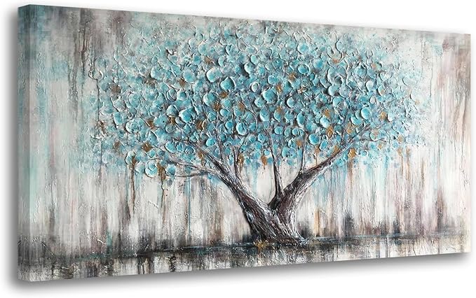 Arjun Tree Wall Art Canvas for Living Room Blue Tree of Life Nature Teal Abstract Painting, Textured Picture Modern Panoramic Landscape Artwork Large Framed Bedroom Home Office Decor 48"x24"