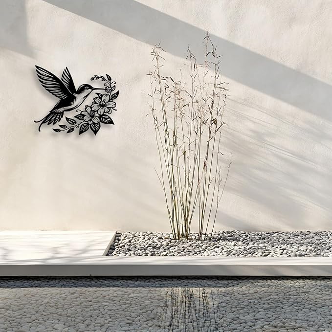 LIYOUYA Hummingbird Flower Metal Wall Decor - Rustic Farmhouse Room Decor Black Wall Art Home Decor for Living Room, Dining Room, Courtyard (Black)