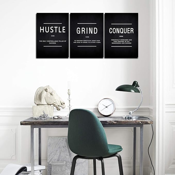 KAWAHONE Inspiration Canvas Wall Art Large, Grind Hustle Conquer Quotes Poster Framed Success Painting Picture Wall Sign for Home Office Workplace Wall Hanging- 24" Wx36 Hx3Piece