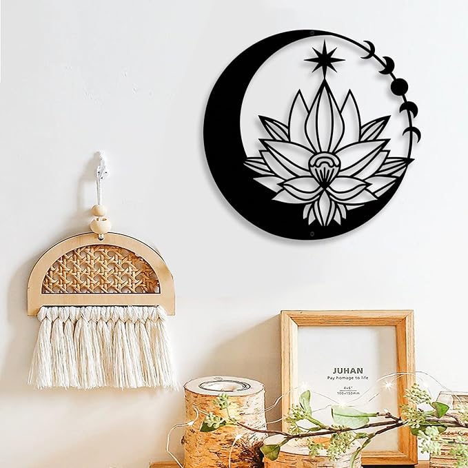 Metal Moon Art Wall Decor,Boho Star Phase Sign Decoration-Lotus | Flower Hanging Sculpture| Witch |Gothic Theme|Floral Silhouettes|Bedroom Living Room Home |Halloween Gifts|Black11in