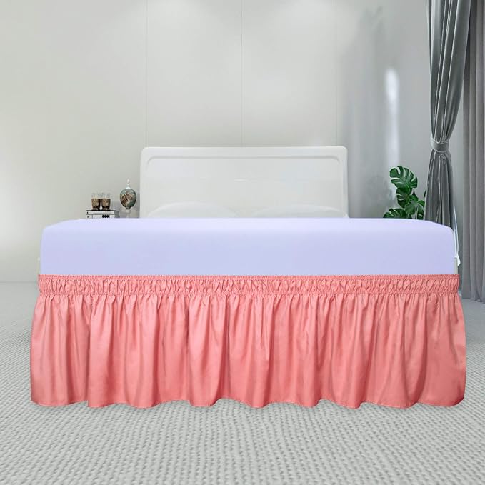PureFit Wrap Around Ruffled Bed Skirt, Pink, Queen/King - 14" Drop | Wrinkle Free Bedskirt Dust Ruffles, Easy to Put On Frame Cover with Adjustable Elastic Belt