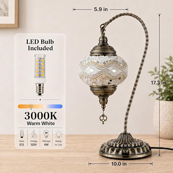 GOGERS Swan Neck Turkish Moroccan Lamp Handmade Stained Mosaic Glass Vintage Lamp Shade Bohemian Tiffany Style Bedside Night Lamp Lighting for Bedroom Living Room (White Golden)