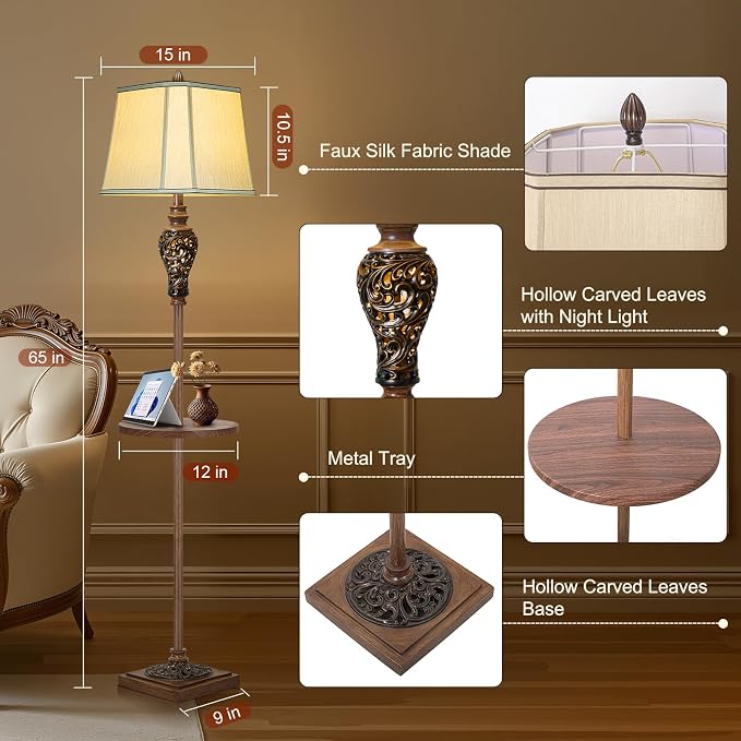 65" High Vintage Floor Lamp with Night Light and Metal Tray, Carving Design