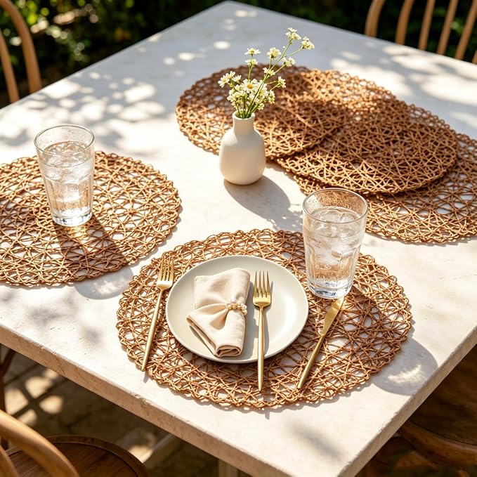 IcosaMro Brown Round Placemats Set of 12 for Dining Table, 13 Inches Paper Woven Boho Small Decorative Circle Place Mat for Wedding Christmas Thanksgiving Day Holiday Dinner, Light Coffee Brown
