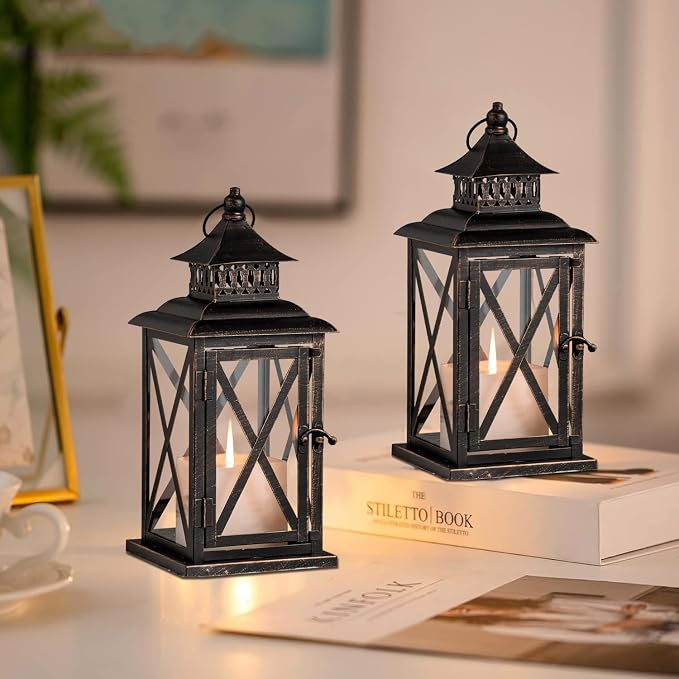 Lantern Decorative Indoor & Outdoor, 2 Pack Large Hanging Candle Lanterns Home Decor, Vintage Metal Candle Holders for Front Porch Patio Wedding Party, Halloween Christmas Decorations (Black)