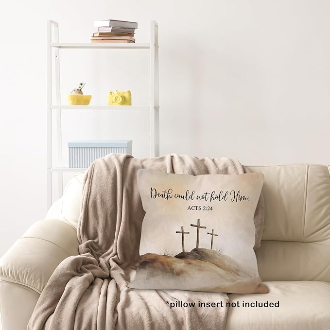 Christian Easter Cross Throw Pillow Covers Gifts 18x18, Religious Bible Verse Decor Pillow Cases for Bedroom Living Room, Death Counld Not Hold Him Decorative Pillowcases for Couch Bed Sofa
