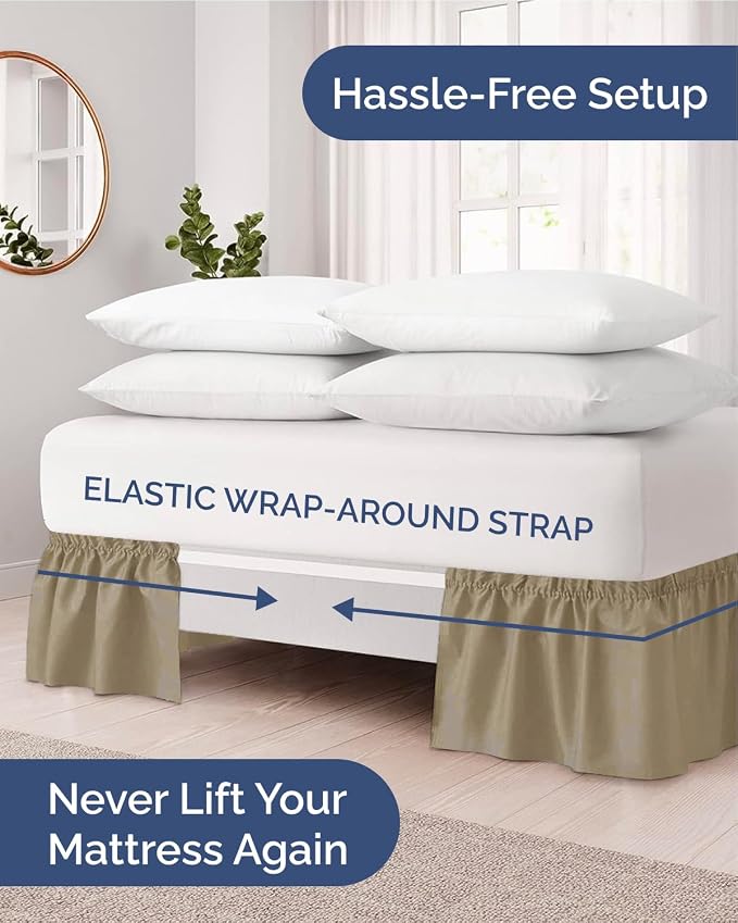 Wrap Around Dust Ruffle Bed Skirt, Queen Size Beds - 15 Inch Drop, Khaki | Easy Fit Elastic Strap, Adjustable Pleated Bedskirt w/Brushed Fabric, Wrinkle & Fade Free, for Women, Men, Kids & Teens