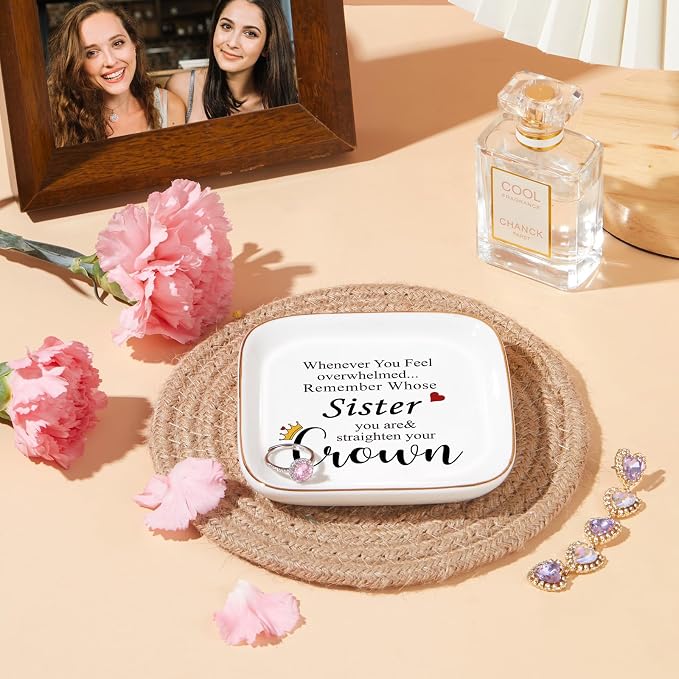 Sister Gifts Ceramic Ring Dish Tray, Encouragement Straighten Your Crown
